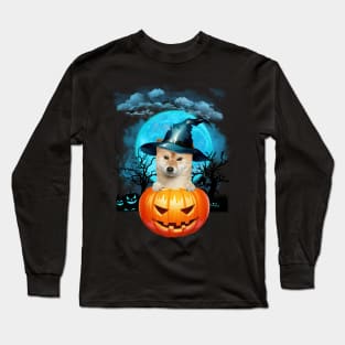 Shiba Inu Witch Hat Pumpkin And Blue Moon Halloween Long Sleeve T-Shirt